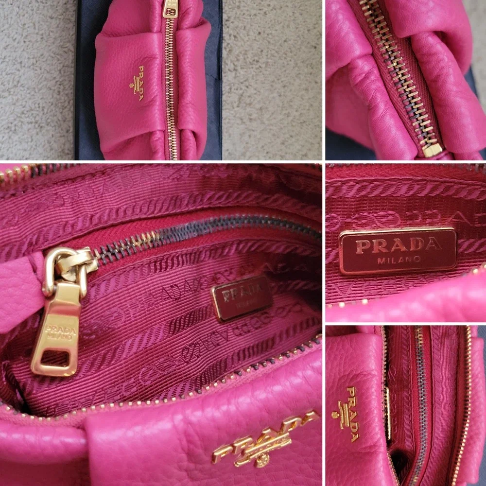 Prada Vitello Daino Peonia Pink Pebbled Leather Pleated Wristlet Clutch 1N1422